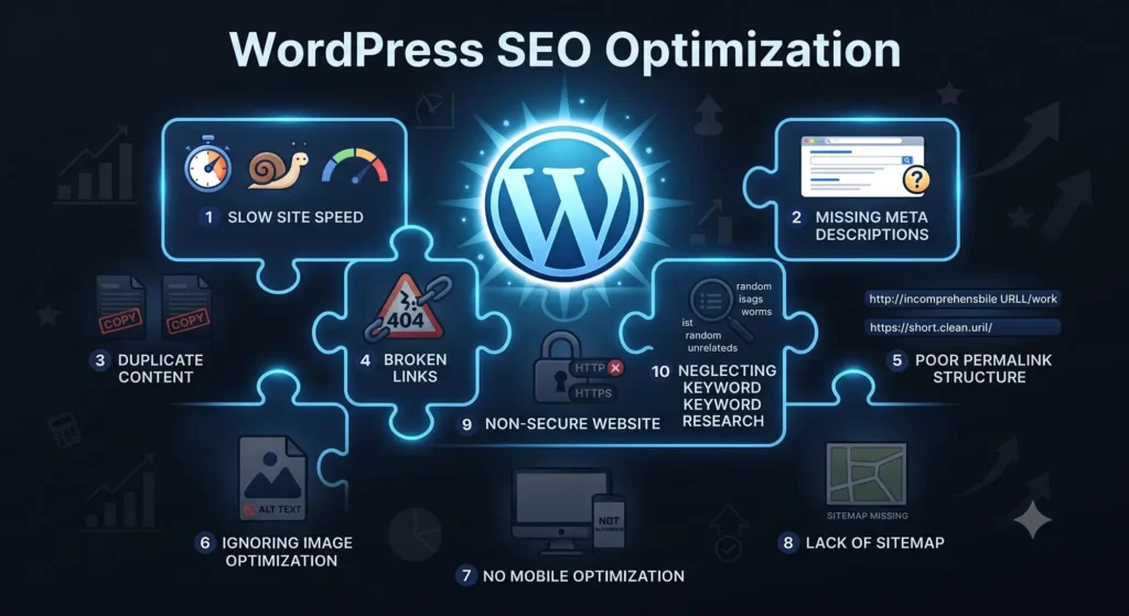 WordPress SEO mistakes illustration showing website optimization errors, search ranking decline, and performance issues