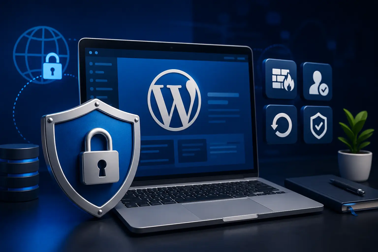 3D illustration of a secure WordPress website with a shield, padlock, laptop, and cybersecurity icons representing WordPress security best practices in 2026.