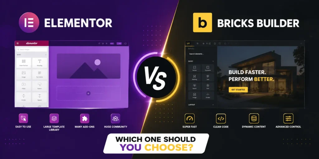 Elementor vs Bricks Builder comparison showing two popular WordPress page builders with their design, performance, and features
