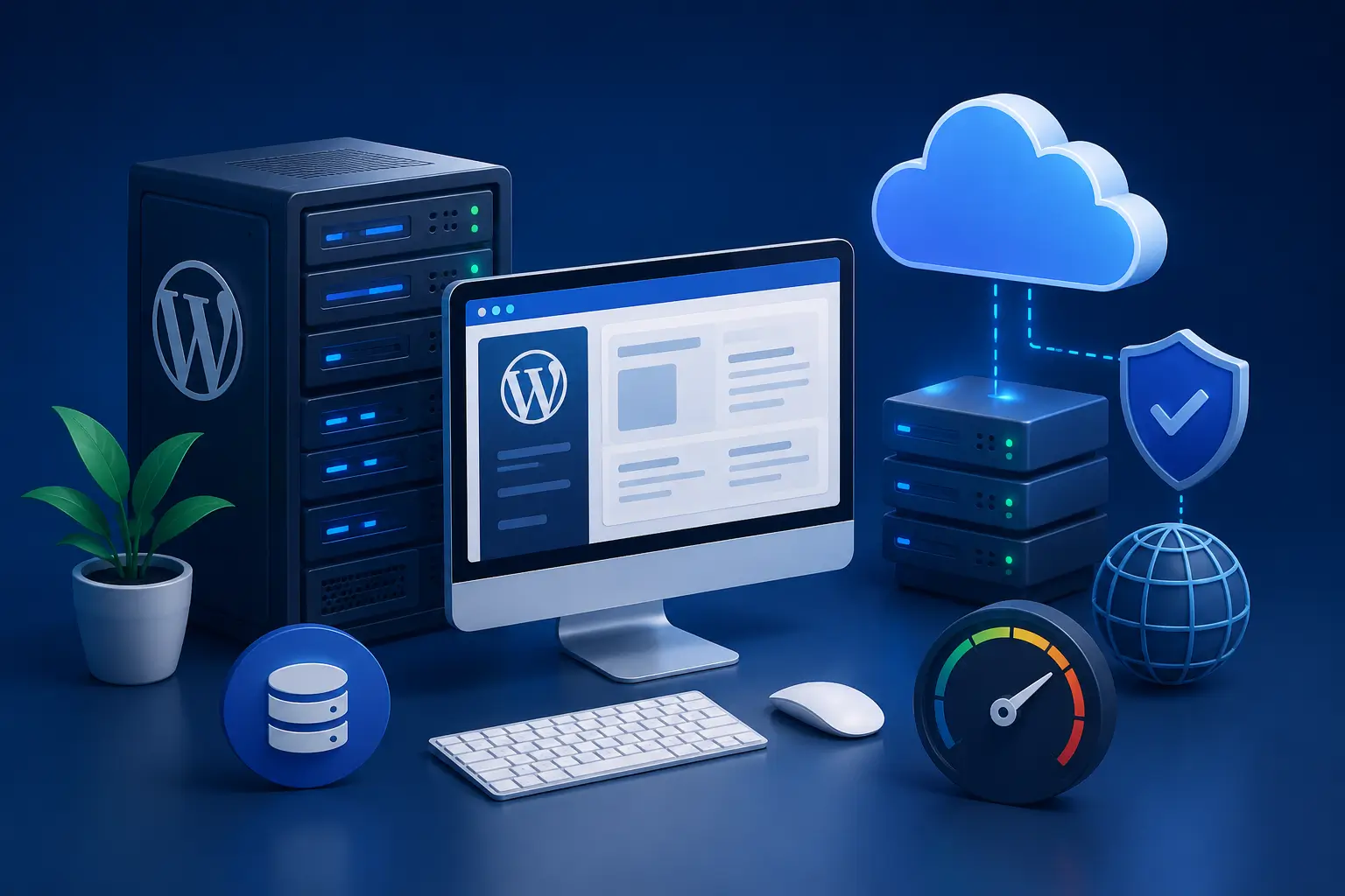 Modern illustration of WordPress hosting servers, cloud infrastructure, website performance, and secure web hosting.