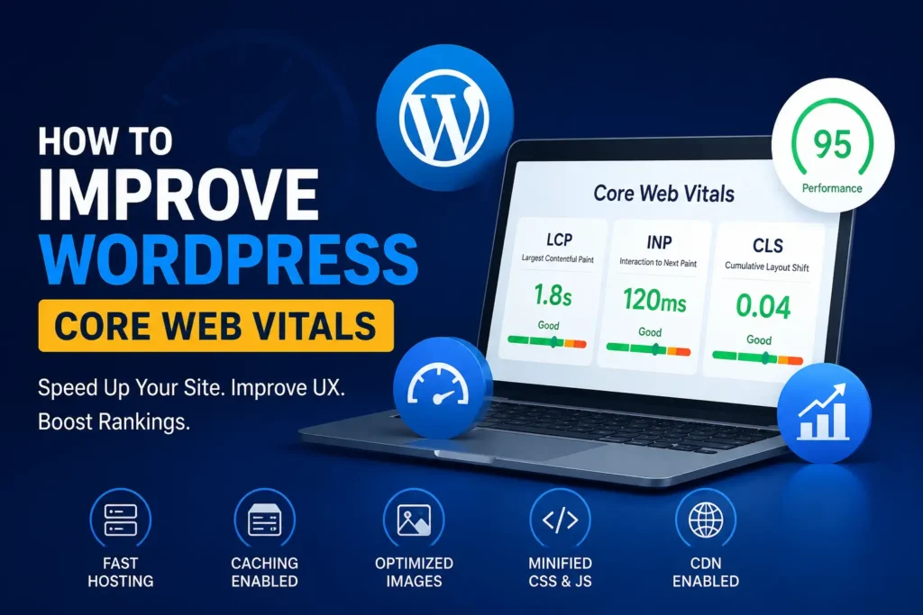 Illustration of a WordPress website performance dashboard with speed optimization, Core Web Vitals metrics, and website performance elements.