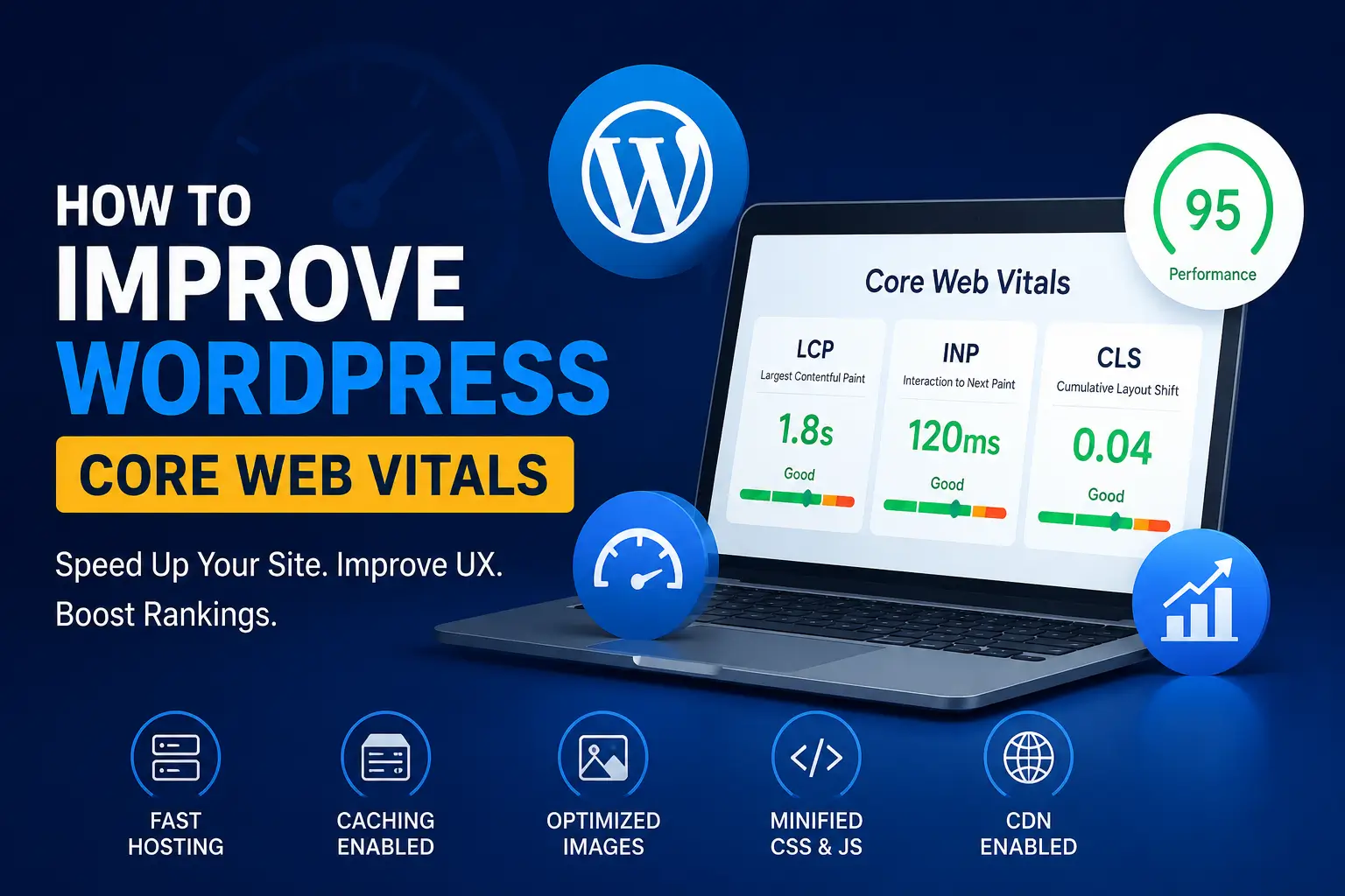 Illustration of a WordPress website performance dashboard with speed optimization, Core Web Vitals metrics, and website performance elements.