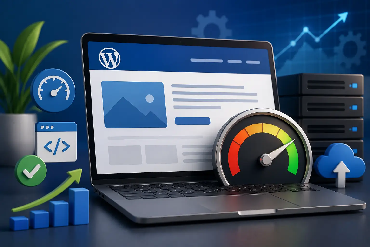 WordPress website speed optimization illustration showing website performance, server, and speed meter